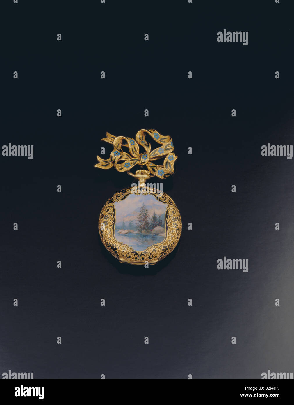 clocks, pocket watches, lady`s pocket watch, gold, enamel, miniature painting, diameter 3.4 cm, Geneva, Switzerland, 1882 / 1892, Stock Photo